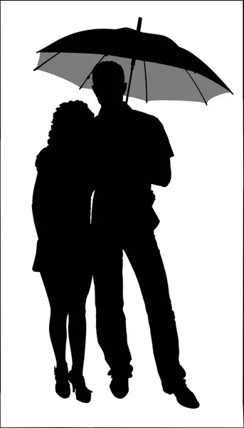 Silhouettes of guy and girl with umbrella isolated on white back — Stock Photo, Image
