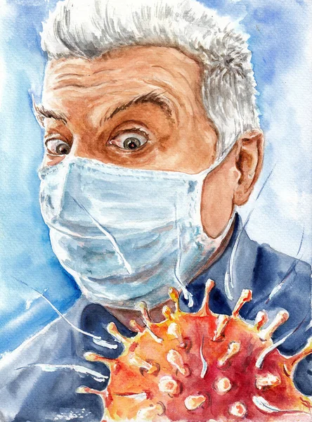 Coronavirus 'un önündeki maskeli yaşlı adam gözlerinde korkuyla. Suluboya çizimi