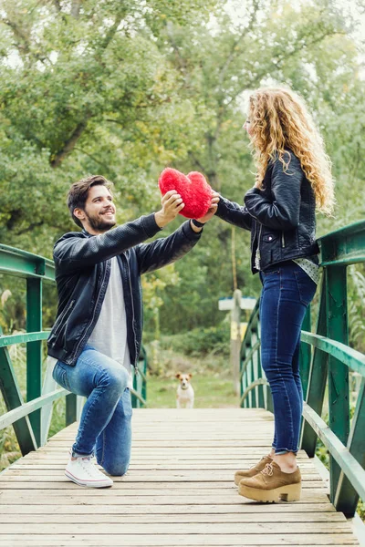 Belo jovem casal apaixonado no parque. — Fotografia de Stock