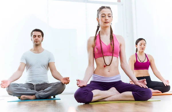 Kelompok orang berlatih yoga di rumah dalam posisi teratai . — Stok Foto