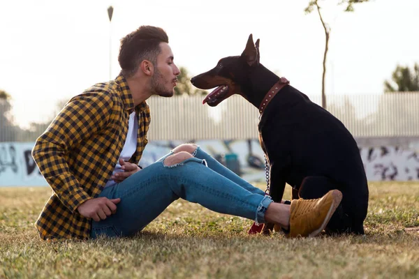 Flot ung mand leger med sin hund i parken . - Stock-foto