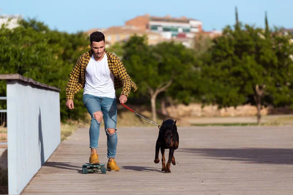 Knappe jonge man met zijn hond skateboarden in het park. — Stockfoto