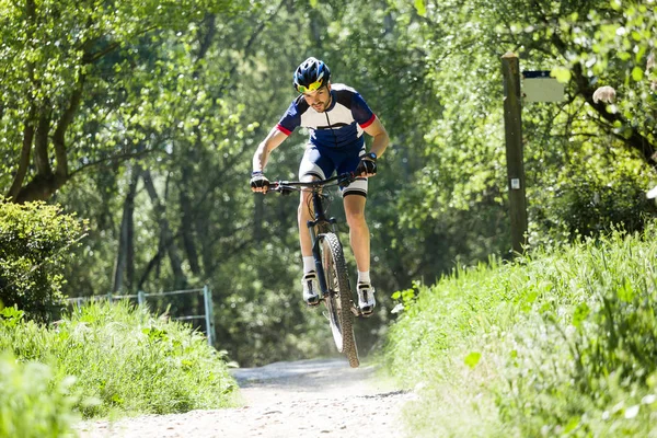 Knappe jongeman fietsen in de bergen. — Stockfoto