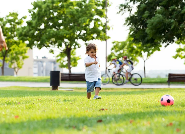 Il bambino che gioca con la palla nel parco . — Foto Stock