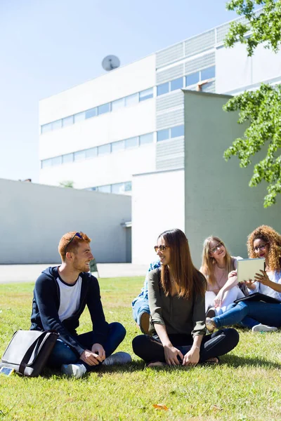 快乐的学生，在大学校园里坐在外面. — 图库照片