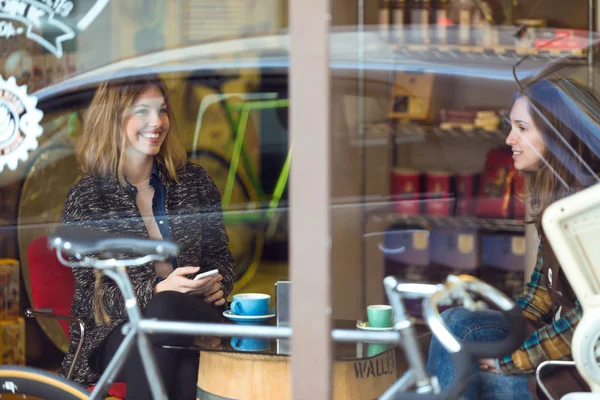 Retrato Dos Hermosas Mujeres Jóvenes Tomando Café Hablando Una Cafetería —  Fotos de Stock