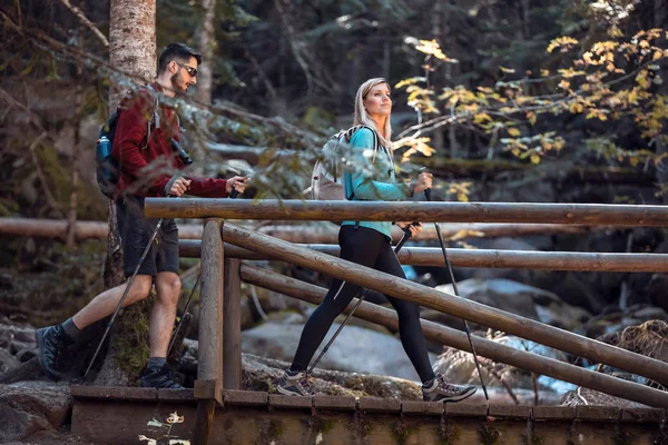 Dos excursionistas con mochila caminando sobre el puente de madera mientras miran el paisaje en el bosque . — Foto de Stock