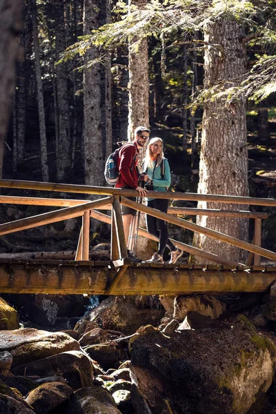 Två vandrare med ryggsäck som tittar på landskapet stående på träbron i skogen. — Stockfoto