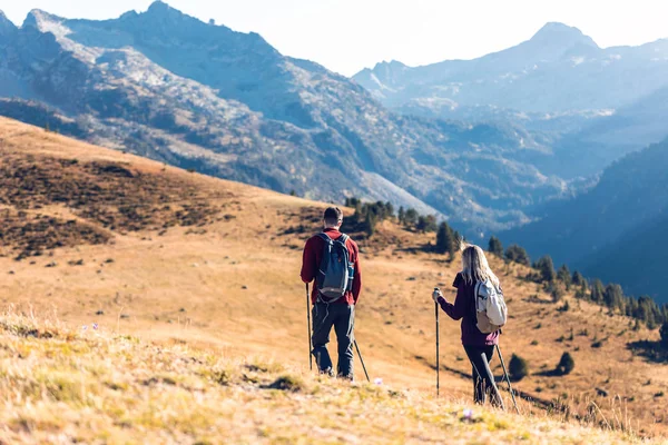 Dois caminhantes de viagem com mochila andando enquanto olha a paisagem na montanha. Visão traseira . — Fotografia de Stock