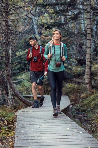 Dois caminhantes de viagem com mochila andando enquanto olha a paisagem na floresta . — Fotografia de Stock