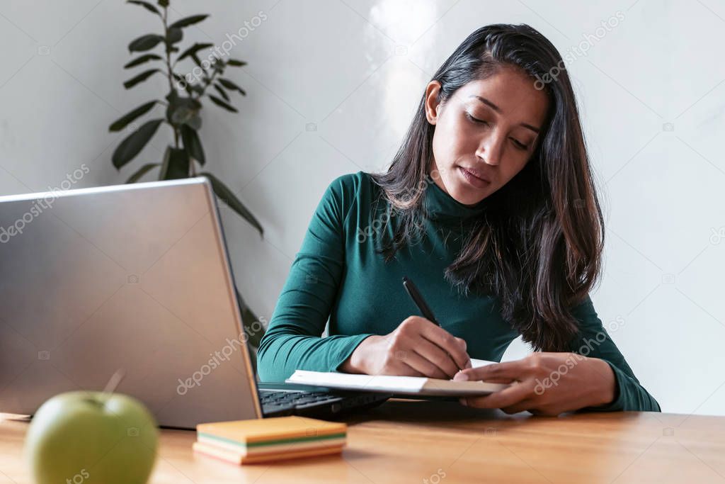 Young indian business woman entrepreneur writing in her agenda while working with laptop in the office.