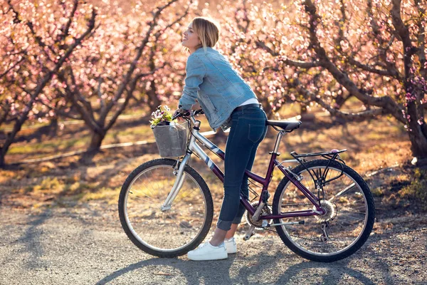 Piękna młoda kobieta z zabytkowym rowerem patrząc na kwiaty wiśni na polu wiosną. — Zdjęcie stockowe