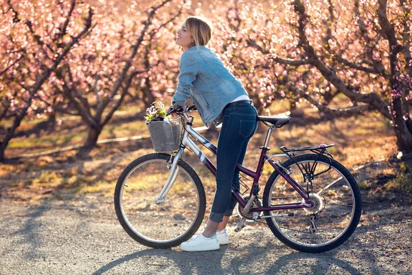 Bella giovane donna con una bici d'epoca guardando i fiori di ciliegio sul campo in primavera . — Foto Stock