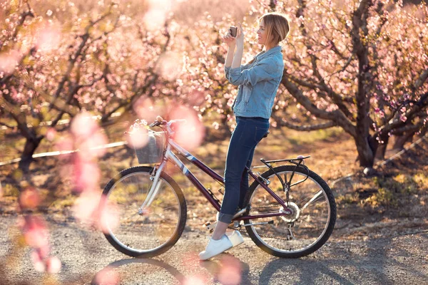 Ładna młoda kobieta z zabytkowym rowerem robiąca zdjęcia kwiatów wiśni na polu wiosną. — Zdjęcie stockowe