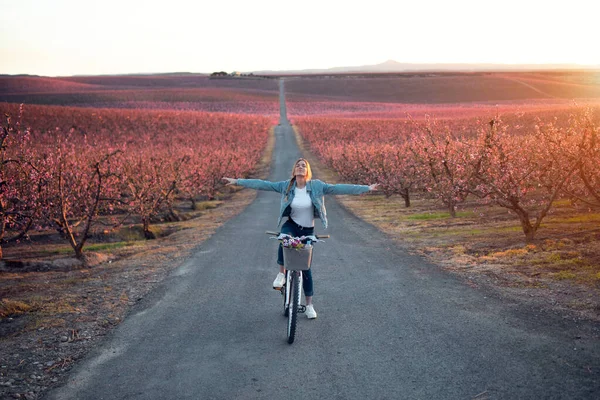 Bella giovane donna con una bici vintage godendo il tempo nel campo di ciliegie in primavera . — Foto Stock