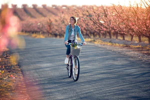 Bella giovane donna a cavallo con una bicicletta nel campo di ciliegie in primavera . — Foto Stock