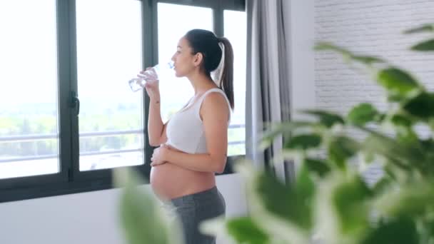 Mladá těhotná žena pije vodu, když stojí doma. — Stock video