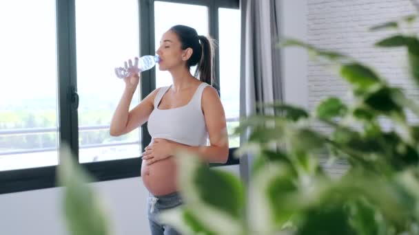 Красивая беременная женщина пьет воду, стоя дома . — стоковое видео