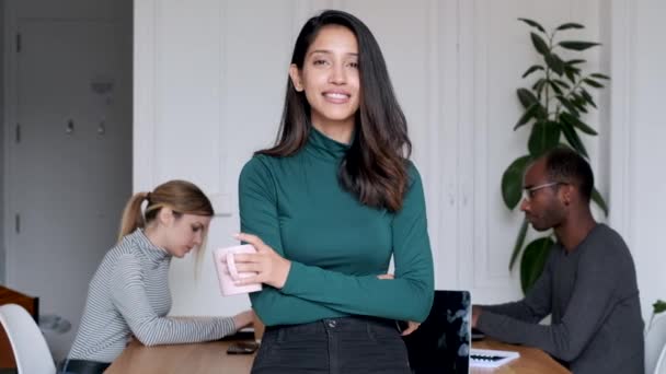 Video Young Indian Business Woman Entrepreneur Looking Camera Office Background — 비디오