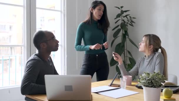 Vidéo Jolie Jeune Femme Entrepreneure Expliquant Projet Ses Collègues Sur — Video