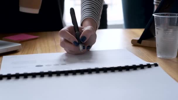 Close Woman Hand Pointing Underlining Papers New Project Office — Stok video