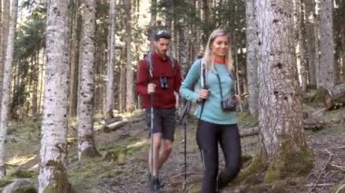 Video of two travel hikers with backpack walking while looking the landscape in the forest.