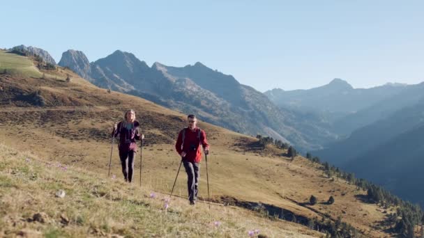 Video Dos Excursionistas Con Mochila Caminando Mientras Miran Paisaje Montaña — Vídeo de stock