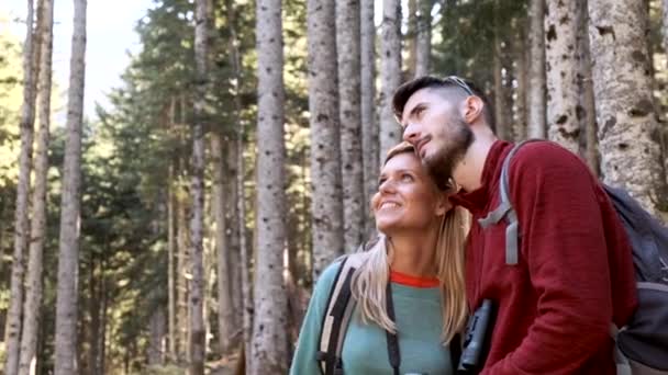 Video Two Travel Hikers Backpack Looking Landscape While Woman Pointing — 图库视频影像