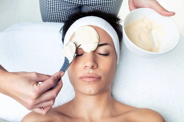美容師のショットは スパセンター上の女性にアルギン酸フェイスマスクを適用します — ストック写真