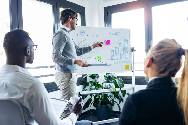 Tiro Belo Empresário Apontando Para Quadro Branco Enquanto Explica Projeto — Fotografia de Stock