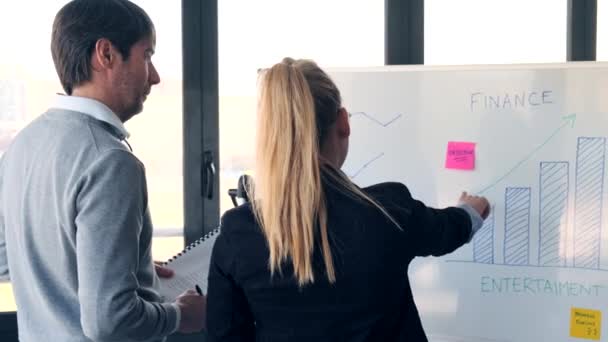 Elegante zakenvrouw legt het project met whiteboard uit aan haar collega op co-working place. — Stockvideo