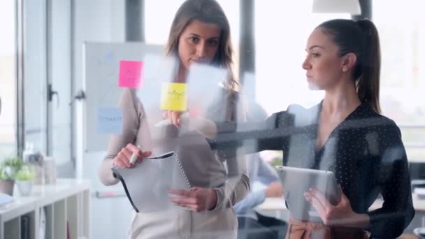 Vídeo Dos Mujeres Jóvenes Negocios Trabajando Juntas Vidrio Pared Con — Vídeos de Stock