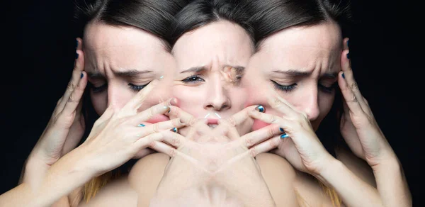 Double Exposure Sad Woman Depression Who Has Been Suffering Abuse — Stock Photo, Image