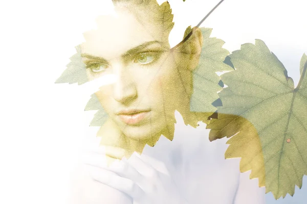 Double Exposure Silhouette Beautiful Young Woman Clean Fresh Skin Tree — Stock Photo, Image