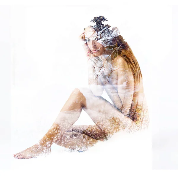 Double Exposure Silhouette Beautiful Young Woman Clean Fresh Skin Forest — Stock Photo, Image