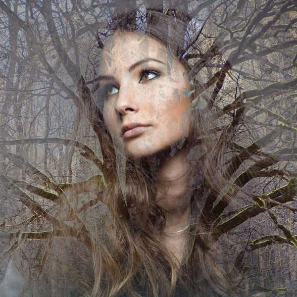 Double Exposure Pretty Young Woman Looking Sideways Forest Background Connection — Stock Photo, Image