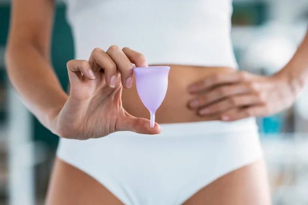 Close Young Woman Hands Holding Menstrual Cup Bathroom — Stock Photo, Image