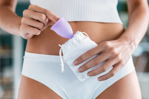 Close Young Woman Taking Menstrual Cup Out Her Bag Bathroom — Stock Photo, Image