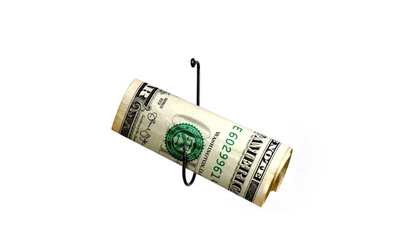 Dollar an einem Angelhaken isoliert auf weißem Hintergrund — Stockfoto