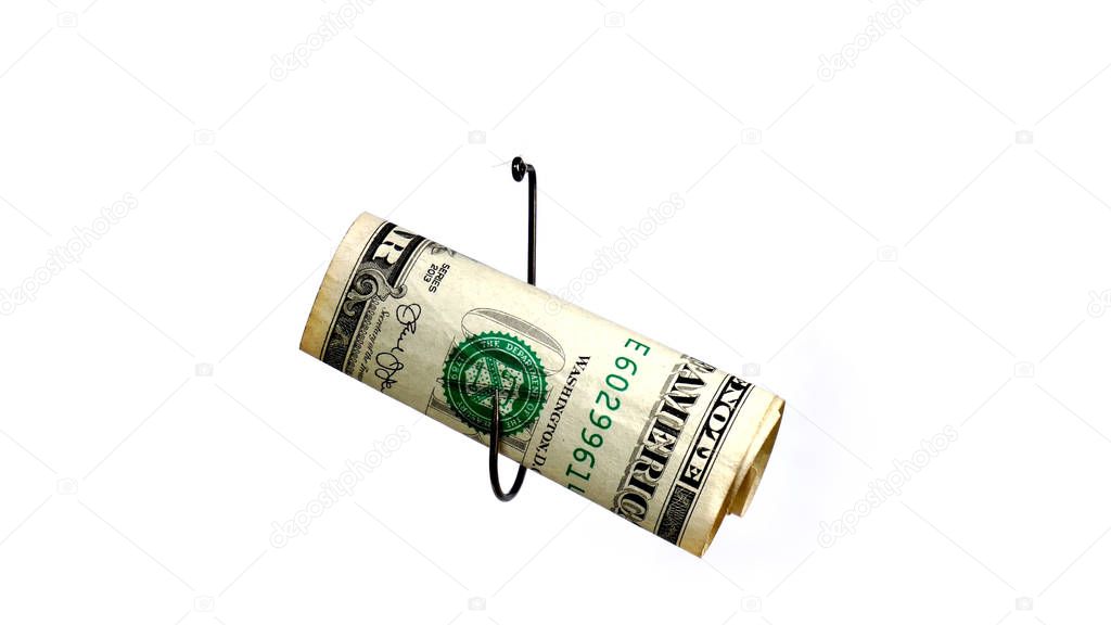 Dollar On A Fishing Hook Isolated On White Background