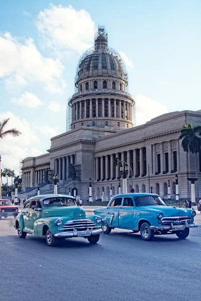Vintage Cars Pass Scaffolded Capitolio Stock Picture