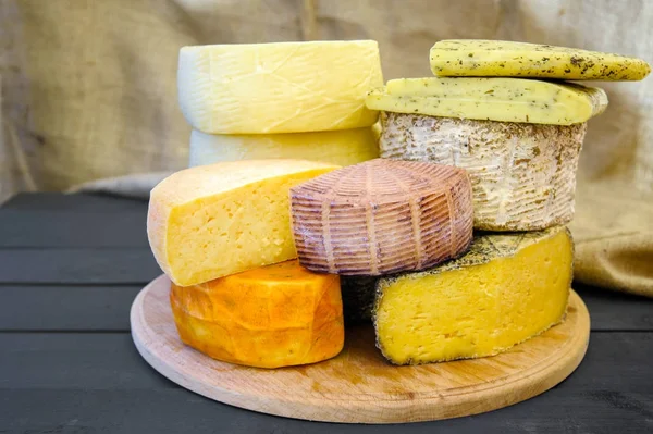 Colección de queso shropshire, kachotta, halumi, maasdam en un woo Imágenes de stock libres de derechos