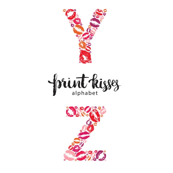 Set of letters Y and Z made from print kisses — Stock Vector