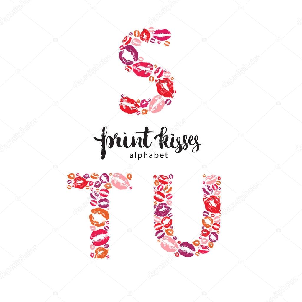 Set of letters S, T and U, made from print kisses