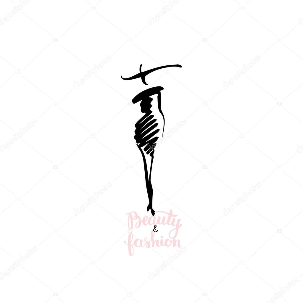 Hand drawn sketch of woman fashion figure with lettering beauty and fashion