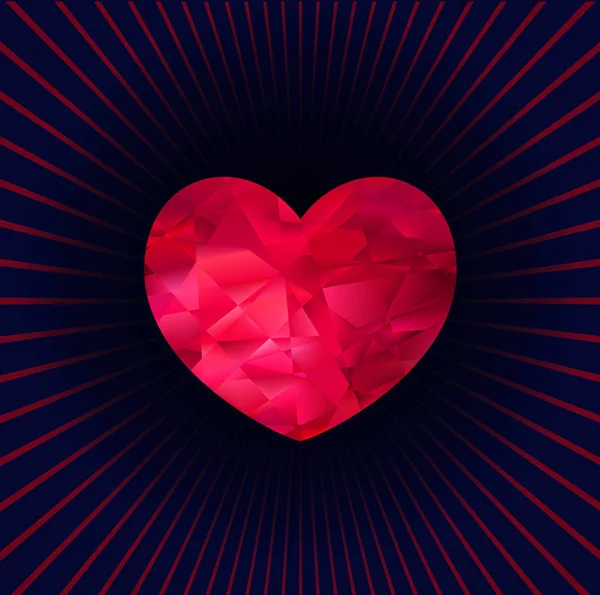 Coeur rouge facetté avec rayons — Image vectorielle