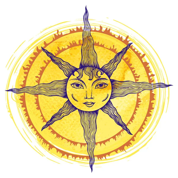 Ilustración de un sol con rostro humano — Vector de stock