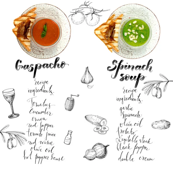 Soups and hand drawn ingredients and drawings