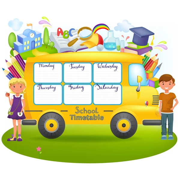 Ônibus escolar com horário escolar —  Vetores de Stock