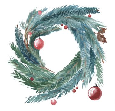 El Noel çelenk suluboya çizimi çekilmiş. Noel ağacı çelenk dalları ve çarpmak ile beyaz arka plan.